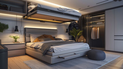 Modern bedroom with a bed platform that lifts up hydraulically to reveal a spacious storage area for bulky items and luggage
