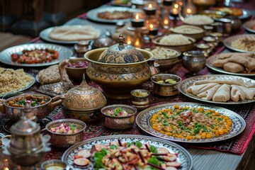Fototapeta premium Flavorful Arabian dish table. Dinner arab. Generate Ai
