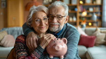 Senior couple joyfully holding a pink piggy bank, close up, capturing their retirement savings pride. - 765094701