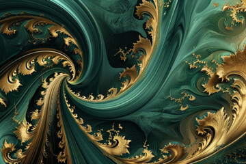 A luxury wallpaper pattern with a swirling design of emerald and gold