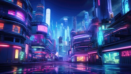 Fototapeta na wymiar The picture of the neon night time futuristic cyberpunk scifi metropolis yet bright with neon light that fill everywhere of metropolis and fill with tall building and long roadway at night. AIGX01.