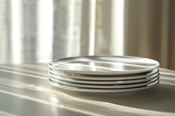 Stacked porcelain plates shimmering under soft light on a minimalist table. - obrazy, fototapety, plakaty