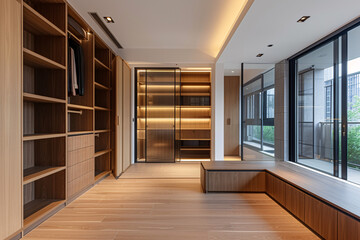 Modern luxury style warm wood walk in closet, minimal walk in wardrobe dressing room interior.