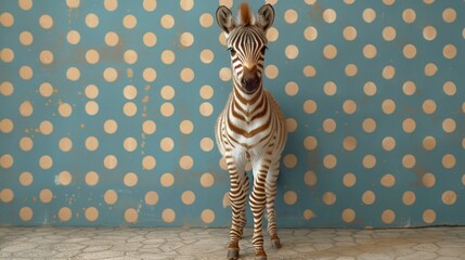 Fototapeta premium a small toy zebra standing in front of a wall with polka dots on it's back and a blue wall behind it.