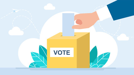 Voting concept. Hand putting paper in the ballot box. Hand voting ballot box icon. Election Vote concept. Design for web site, logo, app, UI. Flat style illustration - obrazy, fototapety, plakaty