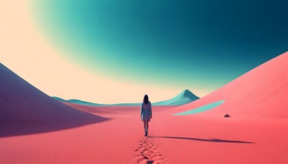Fototapeta na wymiar Woman walking on a pink sand desert