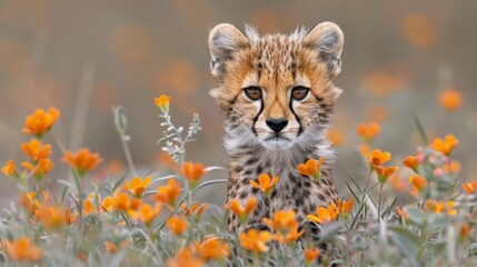 Fototapeta premium a cheetah cub in a field of wildflowers looking at the camera with a blurry background.