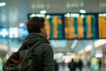 An image depicting a man checking his flight on the timetable display at the airport. 