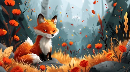 Fototapeta premium a painting of a fox sitting on a rock in a forest filled with orange flowers and leaves, with a blue sky in the background.