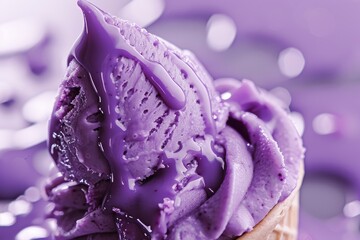 closeup of a purple ice cream cone a purple background resembling a violet petal or a magenta headgear, creating a visually striking event with natural material - obrazy, fototapety, plakaty