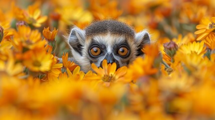  a close up of a small animal in a field of flowers with a surprised look on it's face.