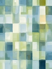 olive and blue squares on the background, in the style of soft, blended brushstrokes