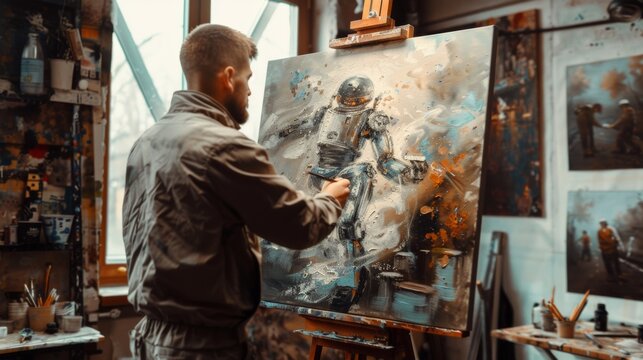 A man painting a picture on an easel in his studio, AI