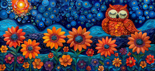  a painting of an owl sitting on a branch surrounded by sunflowers and a blue sky filled with bubbles.