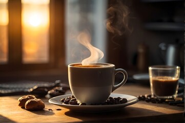 Morning Breakfast Spread Featuring Fresh Coffee, Pastries, and Roses at Sunrise