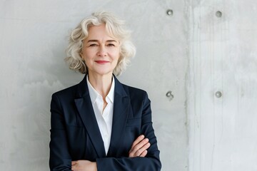 Happy Senior woman, arms crossed in portrait and corporate professional with smile, pride and job satisfaction on wall background. Manager, confident with ambition and happy in career