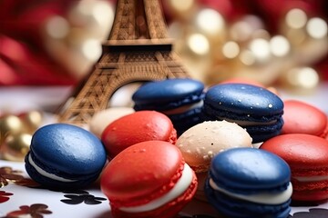 Eiffel Tower and macaroons on wooden background