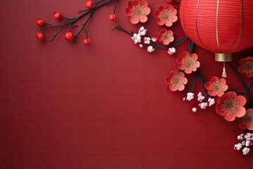 red cherry blossom background with space for copy
