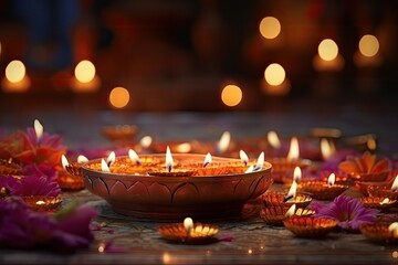 Diwali diyas background with bokeh and space for copy