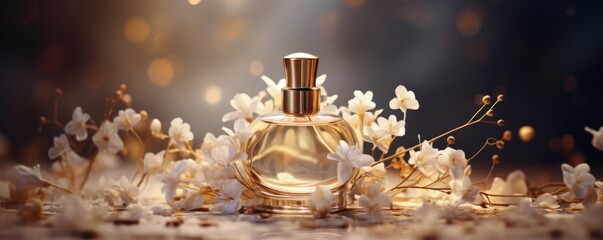 Luxury perfume tender with flowers around, banner in gold colours. Generative Ai. - obrazy, fototapety, plakaty