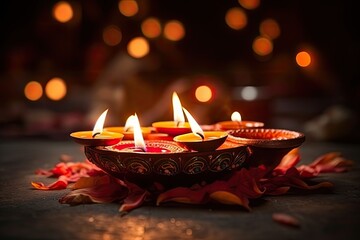 Diwali diyas background with bokeh and space for copy