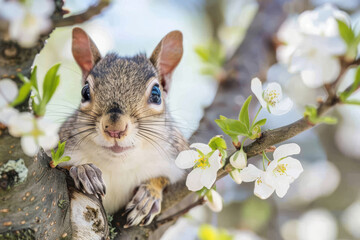 A squirrel peeking out from the branches of a blossoming tree, wildlife and joy of spring concept.
