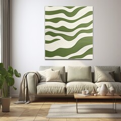 Olive and white painting with abstract wave patterns