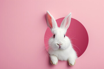 White Easter bunny rabbit peeping out from the hole on pink background