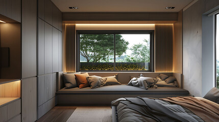 Modern bedroom with a built-in window seat bench that lifts up to reveal hidden storage for bedding and pillows