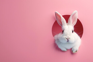 White Easter bunny rabbit peeping out from the hole on pink background. generative ai