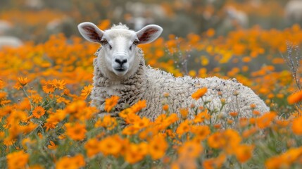  a close up of a sheep in a field of flowers with a blurry background of orange and yellow flowers.