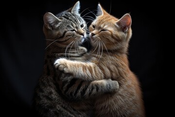 Two Felidae carnivores, small to mediumsized cats, are hugging each other against a black background. Their whiskers and fur stand out in the darkness, showcasing a heartwarming feline event