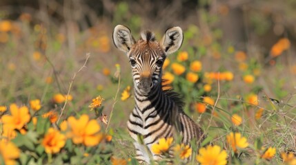 Fototapeta premium a baby zebra standing in the middle of a field with yellow flowers in the foreground and trees in the background.
