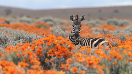 Fototapeta premium a zebra standing in the middle of a field with orange flowers in the foreground and a hill in the background.