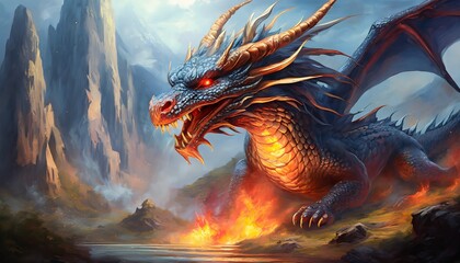 dragon in fire - obrazy, fototapety, plakaty