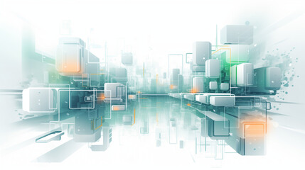 Abstract digital landscape: Futuristic technology concept with 3d-style geometric shapes, glowing lights, and reflective surfaces creating a modern, ethereal atmosphere for backgrounds or wallpapers