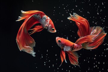 Two electric red fish with carmine fins are gracefully swimming in a tank, their tails fluttering in the liquid against a dark background