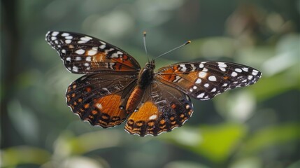  a brown and white butterfly sitting on top of a green leaf covered tree branch with lots of green leaves in the background.