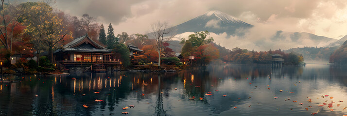 Serene Panorama of Mount Fuji with Autumnal Maple Leaves and Lake Reflection: Embodiment of Japan's...