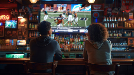 People at sports bar, watching game, enjoying drinks, lively ambiance. Friends gather at a bar, engrossed in an exciting sports game.
