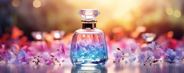 Obraz na płótnie Canvas Luxury perfume tender with flowers around, banner in pastel warm colours. Generative Ai.