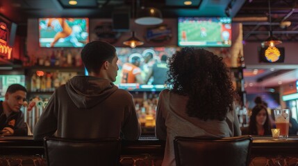 People at sports bar, watching game, enjoying drinks, lively ambiance. Friends gather at a bar, engrossed in an exciting sports game.