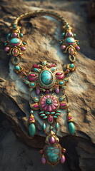 An intricate necklace featuring turquoise gemstones and vibrant pink gems
