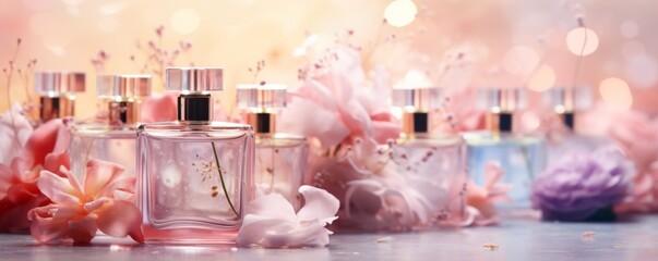 Luxury perfume tender with flowers around, banner in pastel warm colours. Generative Ai.