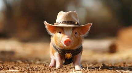 Obraz premium A small pig wearing a cowboy hat and standing on dirt, AI