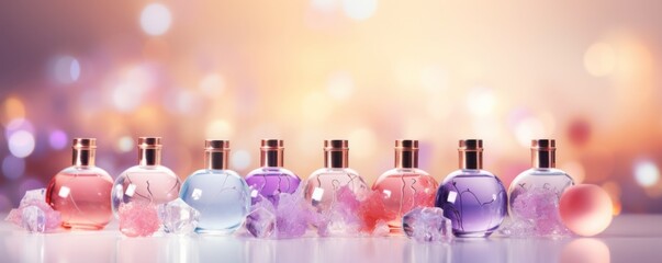 Luxury perfume tender with flowers around, banner in pastel warm colours. Generative Ai.
