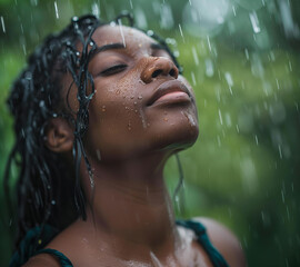 Fototapeta na wymiar Beautiful Black Woman Enjoying Summer Rain in Nature.