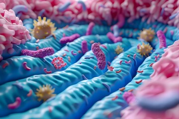 Visualization of probiotics enhancing the growth of beneficial gut bacteria in a D model of the microbiome. Concept Probiotics, Gut Microbiome, Beneficial Bacteria, 3D Model, Growth Enhancement - obrazy, fototapety, plakaty