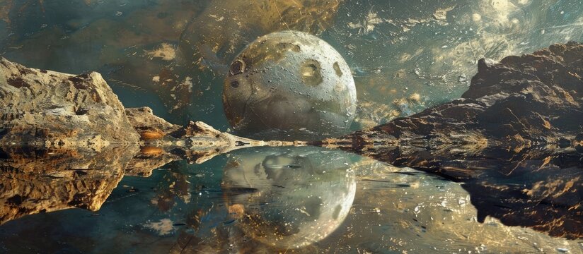 A beautiful painting of a distant planet with its image reflected in the calm waters, creating a serene and surreal scene