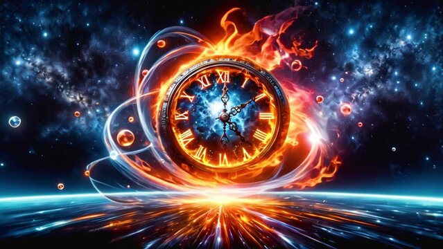 Animated of fire clock, quantum time travel warp speed, teleportation, and the future of space exploration.